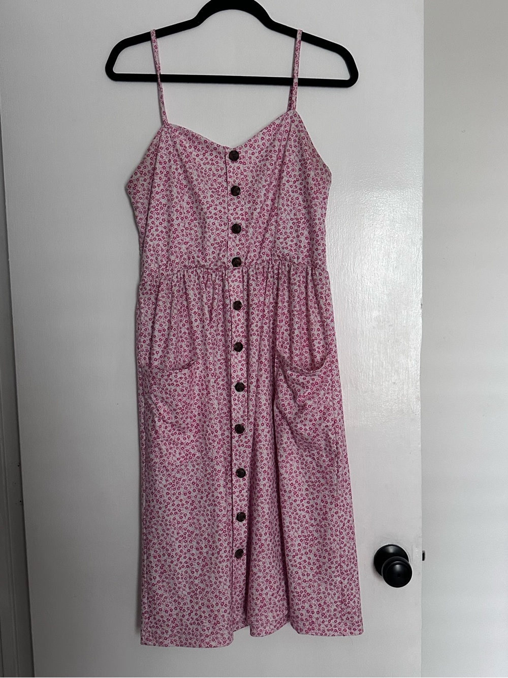 Pink Floral Button-Down Midi Dress with Spaghetti Straps